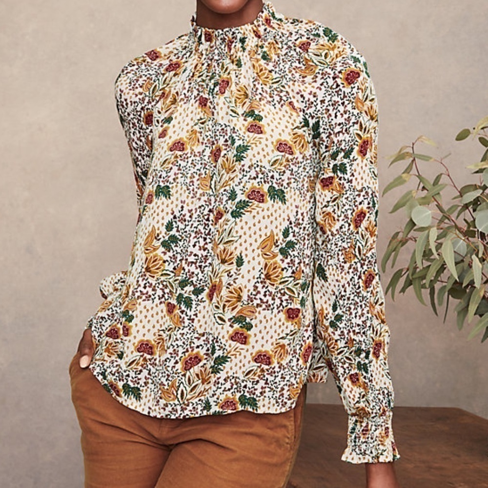 Garnet Hill Cream Floral Paisley Ruffle Fleur Crêpe Blouse Size Medium